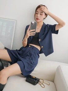 DAZY Solid Lapel Collar Blouse & Shorts Set - Navy Blue - View 6