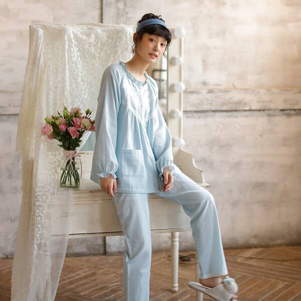 

Button Up Frill Trim Blouse With Pants PJ Set, Baby blue