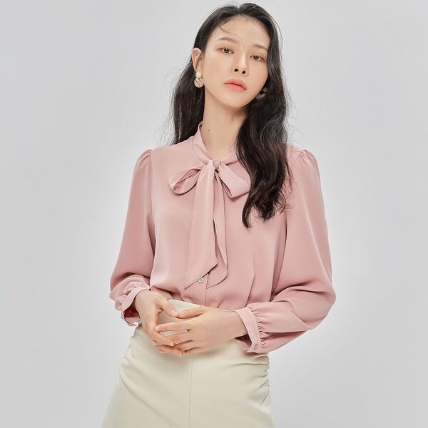 

Tie Neck Solid Blouse, Baby pink