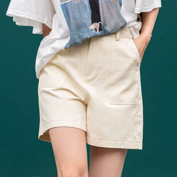 

Solid Button Fly Shorts, Beige