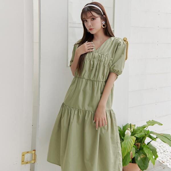

Solid Puff Sleeve Smock Dress, Lime green