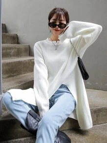 DAZY Solid Ribbed Knit Side Split Longline Jumper - White - View 1