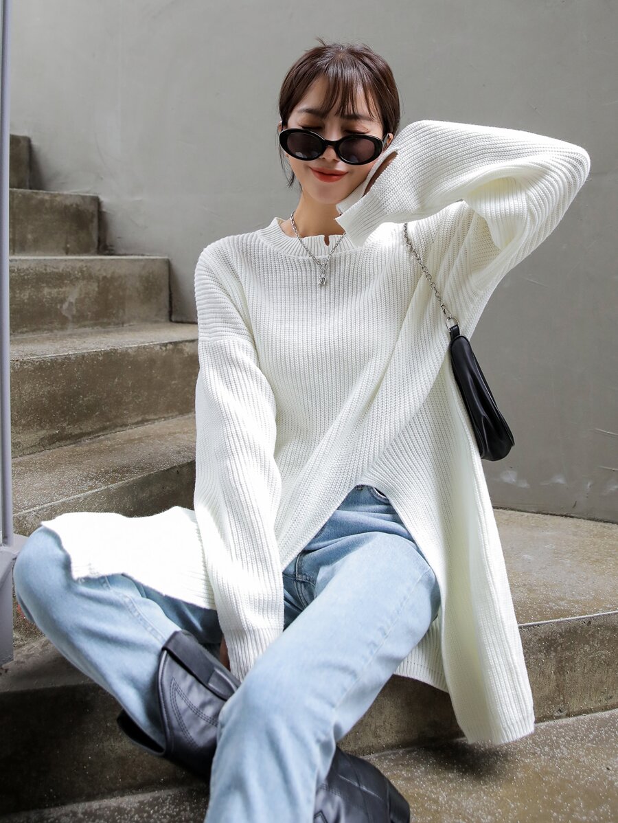DAZY Solid Ribbed Knit Side Split Longline Jumper - White - View 1