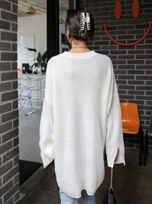 DAZY Solid Ribbed Knit Side Split Longline Jumper - White - View 2