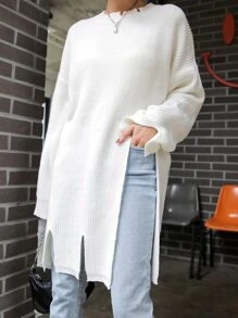 DAZY Solid Ribbed Knit Side Split Longline Jumper - White - View 3
