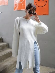 DAZY Solid Ribbed Knit Side Split Longline Jumper - White - View 4