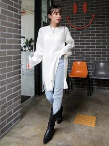 DAZY Solid Ribbed Knit Side Split Longline Jumper - White - View 5