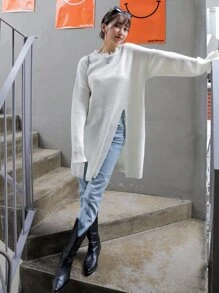 DAZY Solid Ribbed Knit Side Split Longline Jumper - White - View 6
