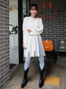 DAZY Solid Ribbed Knit Side Split Longline Jumper - White - View 7