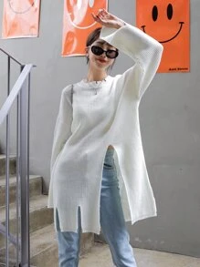 DAZY Solid Ribbed Knit Side Split Longline Jumper - White - View 8