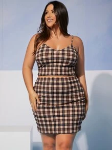 SHEIN Privé Plus Plaid Print Cami Top & Bodycon Skirt - Multicolor - View 1