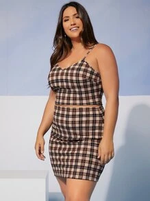 SHEIN Privé Plus Plaid Print Cami Top & Bodycon Skirt - Multicolor - View 5