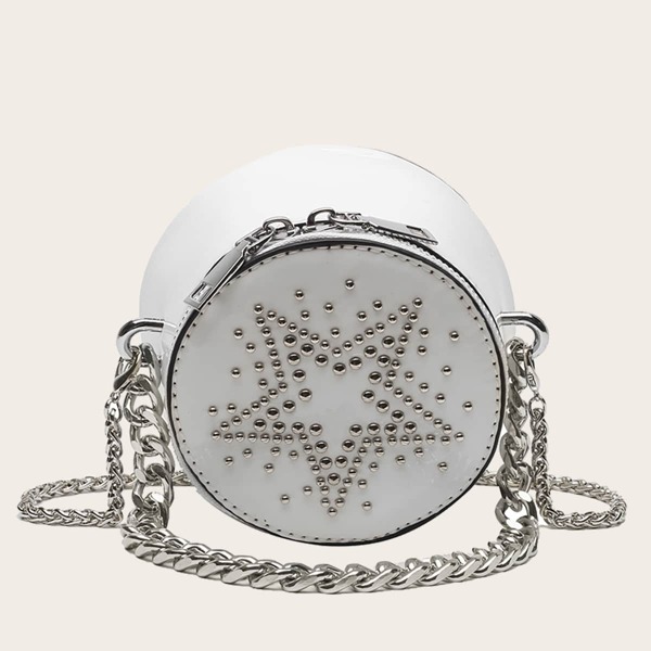 

Studded Decor Chain Satchel Bag, Silver