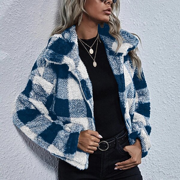 

Plaid Print Zip Up Drop Shoulder Teddy Jacket, Blue and white