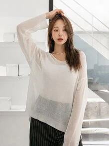 DAZY Sheer Ribbed Knit Oversized Jumper - White - View 1