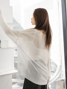 DAZY Sheer Ribbed Knit Oversized Jumper - White - View 2