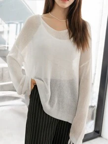 DAZY Sheer Ribbed Knit Oversized Jumper - White - View 3