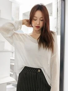 DAZY Sheer Ribbed Knit Oversized Jumper - White - View 5