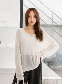 DAZY Sheer Ribbed Knit Oversized Jumper - White - View 6