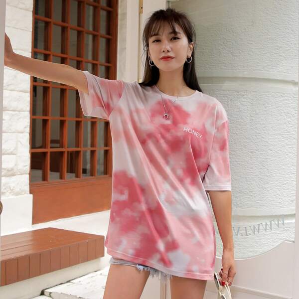 

Tie Dye & Letter Graphic Oversized Tee, Baby pink
