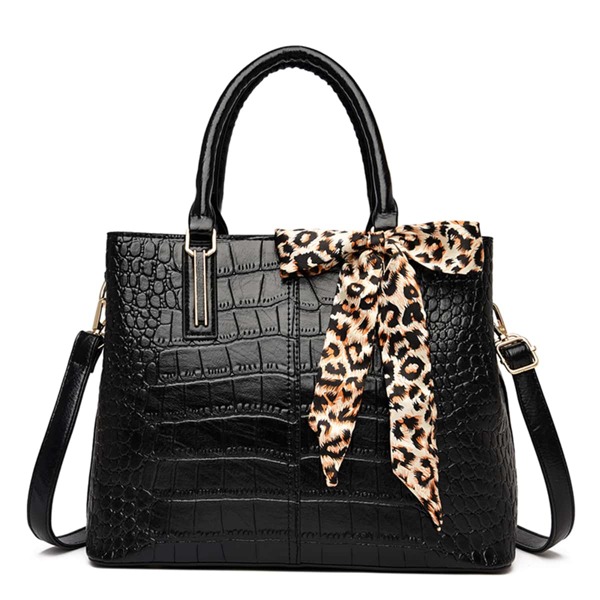 

Scarf Decor Croc Embossed Top Handle Bag, Black