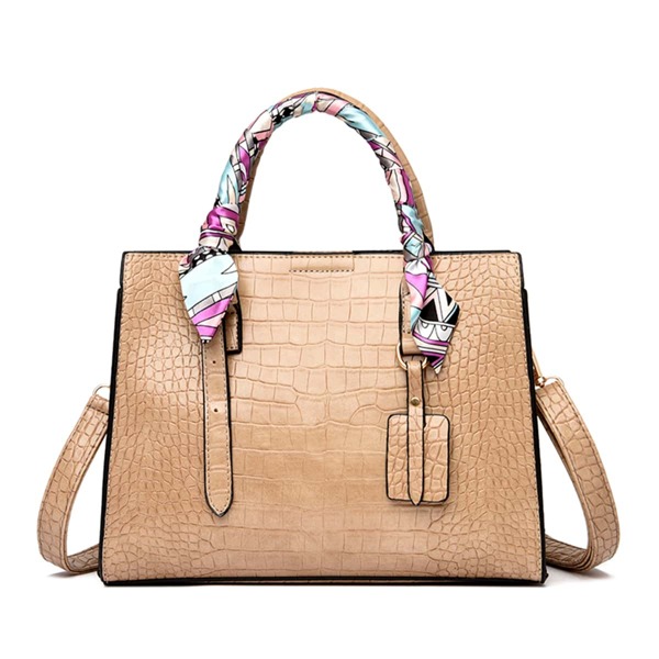 

Scarf Decor Croc Embossed Top Handle Bag, Khaki