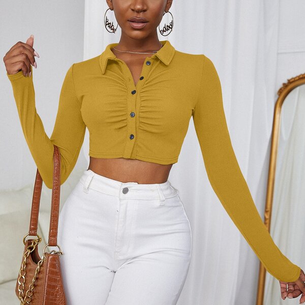 

Solid Button Front Top, Mustard yellow