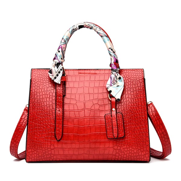 

Scarf Decor Croc Embossed Top Handle Bag, Red