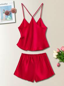 SilkySpell Satin Cami Top With Shorts PJ Set / Pajama Set - Red - View 2