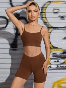 SHEIN PETITE Marled Knit Cami Top And Cycling Shorts Set - Coffee Brown - View 5
