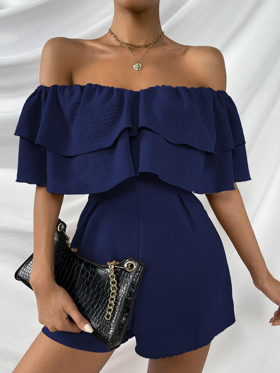 SHEIN Frenchy Off Shoulder Layered Trim Jumpsuit - Navy Blue - View 1