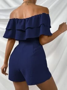 SHEIN Frenchy Off Shoulder Layered Trim Jumpsuit - Navy Blue - View 2