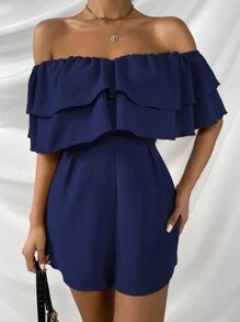 SHEIN Frenchy Off Shoulder Layered Trim Jumpsuit - Navy Blue - View 3
