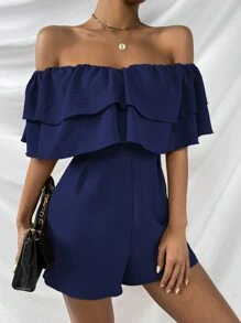 SHEIN Frenchy Off Shoulder Layered Trim Jumpsuit - Navy Blue - View 5