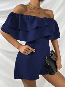 SHEIN Frenchy Off Shoulder Layered Trim Jumpsuit - Navy Blue - View 6