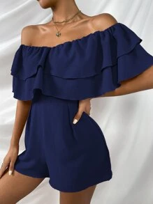 SHEIN Frenchy Off Shoulder Layered Trim Jumpsuit - Navy Blue - View 7