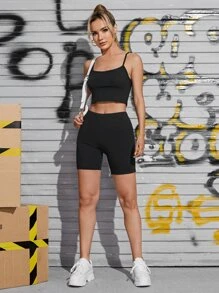 SHEIN PETITE Stickat Linne med Marmorerat Tryck och Biker-Shorts Set - Svart - Visa 4