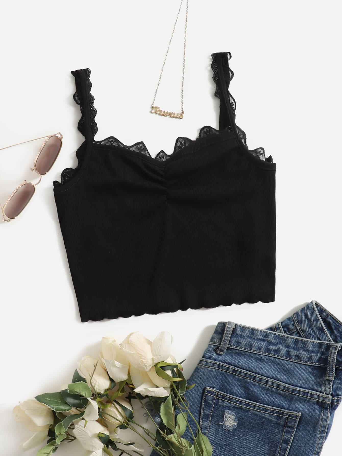 SHEIN Áo hai dây Tương phản ren Xù nhỏ Xù Gân đan màu trơn Giải trí - màu đen - Xem 1