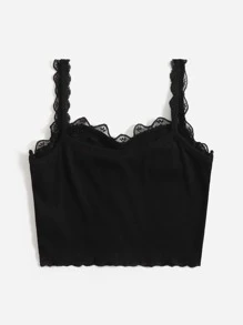 SHEIN Áo hai dây Tương phản ren Xù nhỏ Xù Gân đan màu trơn Giải trí - màu đen - Xem 2