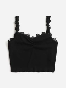 SHEIN Áo hai dây Tương phản ren Xù nhỏ Xù Gân đan màu trơn Giải trí - màu đen - Xem 3