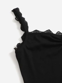 SHEIN Áo hai dây Tương phản ren Xù nhỏ Xù Gân đan màu trơn Giải trí - màu đen - Xem 5