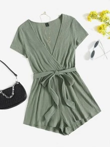 SHEIN EZwear 交叉領羅紋針織腰帶連身短褲 - 橄欖綠 - 查看 1