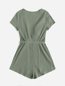 SHEIN EZwear 交叉領羅紋針織腰帶連身短褲 - 橄欖綠 - 查看 2