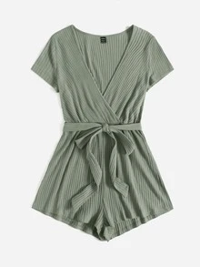 SHEIN EZwear 交叉領羅紋針織腰帶連身短褲 - 橄欖綠 - 查看 3