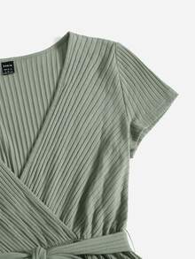 SHEIN EZwear 交叉領羅紋針織腰帶連身短褲 - 橄欖綠 - 查看 5
