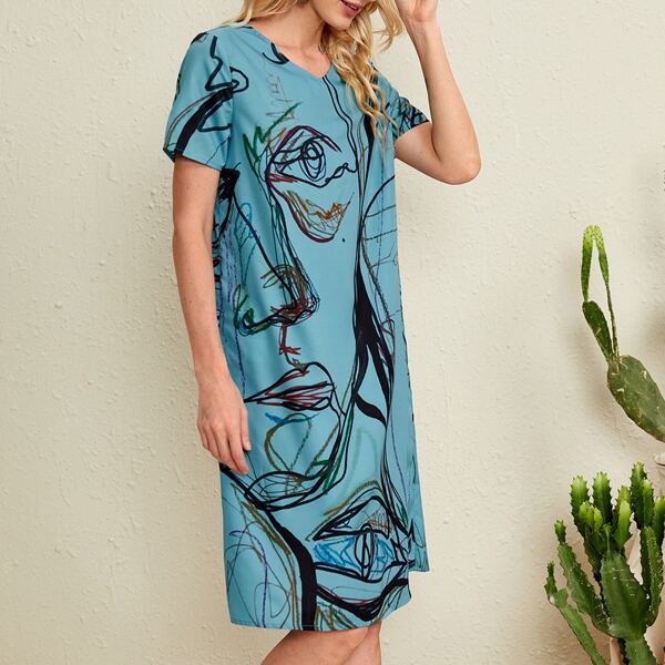 

Abstract Figure Graphic Tunic Dress, Cadet blue