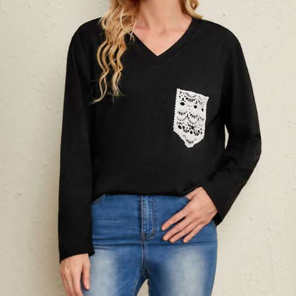 

V-neck Contrast Lace Tee, Black