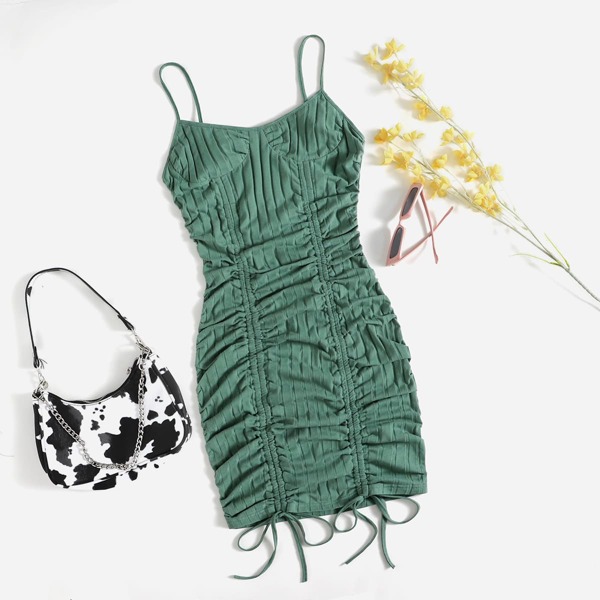 

Drawstring Ruched Rib Knit Cami Bodycon Dress, Green