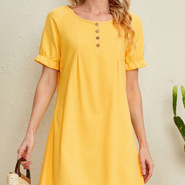 

Raglan Sleeve Button Placket Tunic Dress, Yellow
