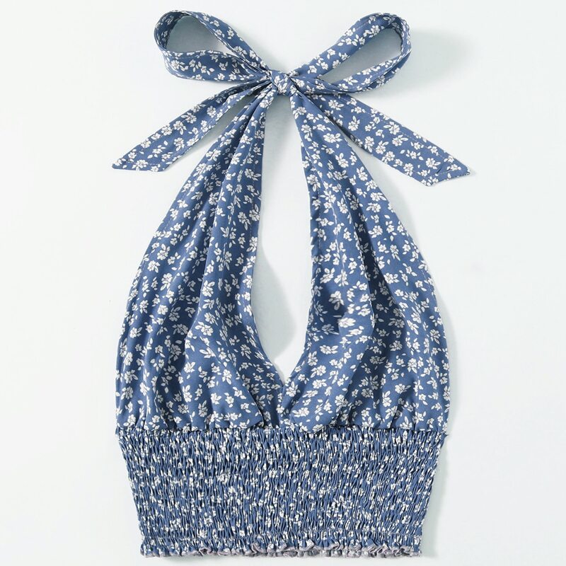 

Ditsy Floral Shirred Crop Halter Top, Blue